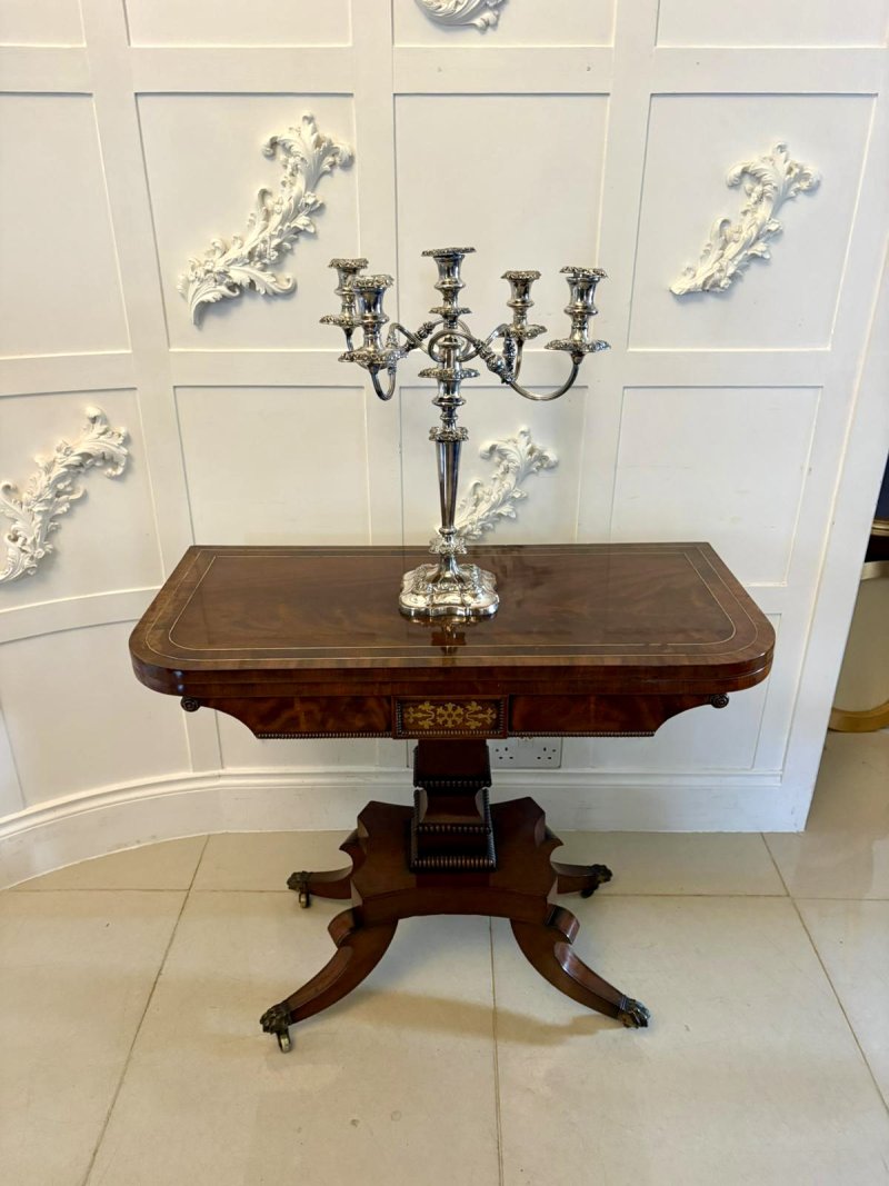 Antique English Regency Mahogany Brass Inlaid Fold Over Console Card Table - Image 15